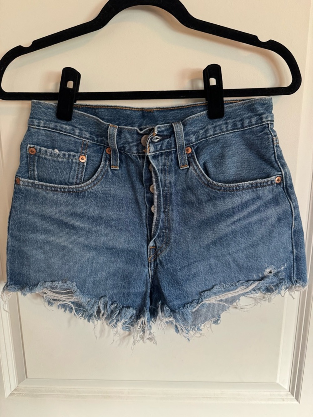 Levi's Medium Blue High-Rise Frayed Hem Jean Shorts